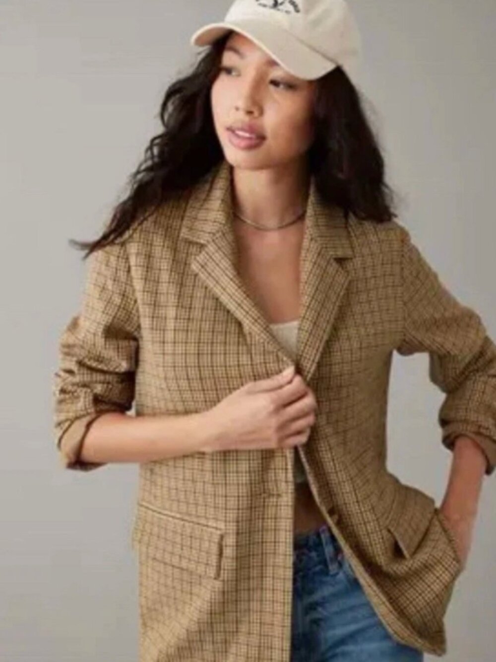 American Eagle Oversize Brown Plaid Blazer EUC